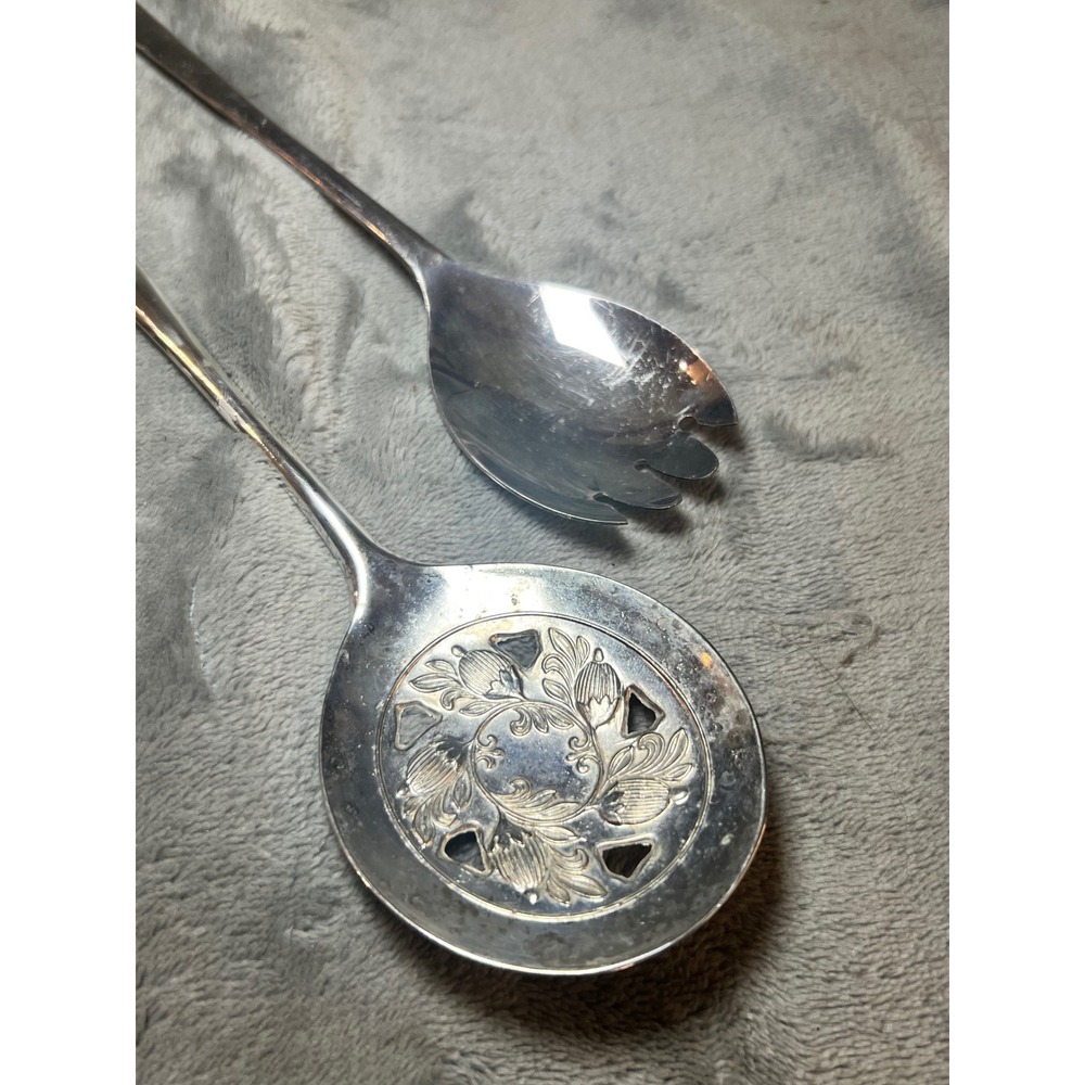 Vintage Leonard Italy Silverplate Serving Spoon Fork Set Floral Pierced Flatware